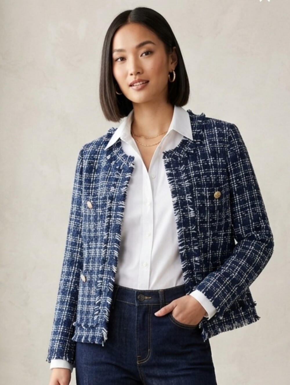 Nanette Lepore Plaid Navy White Metallic Thread Tweed Lady Jacket Size L